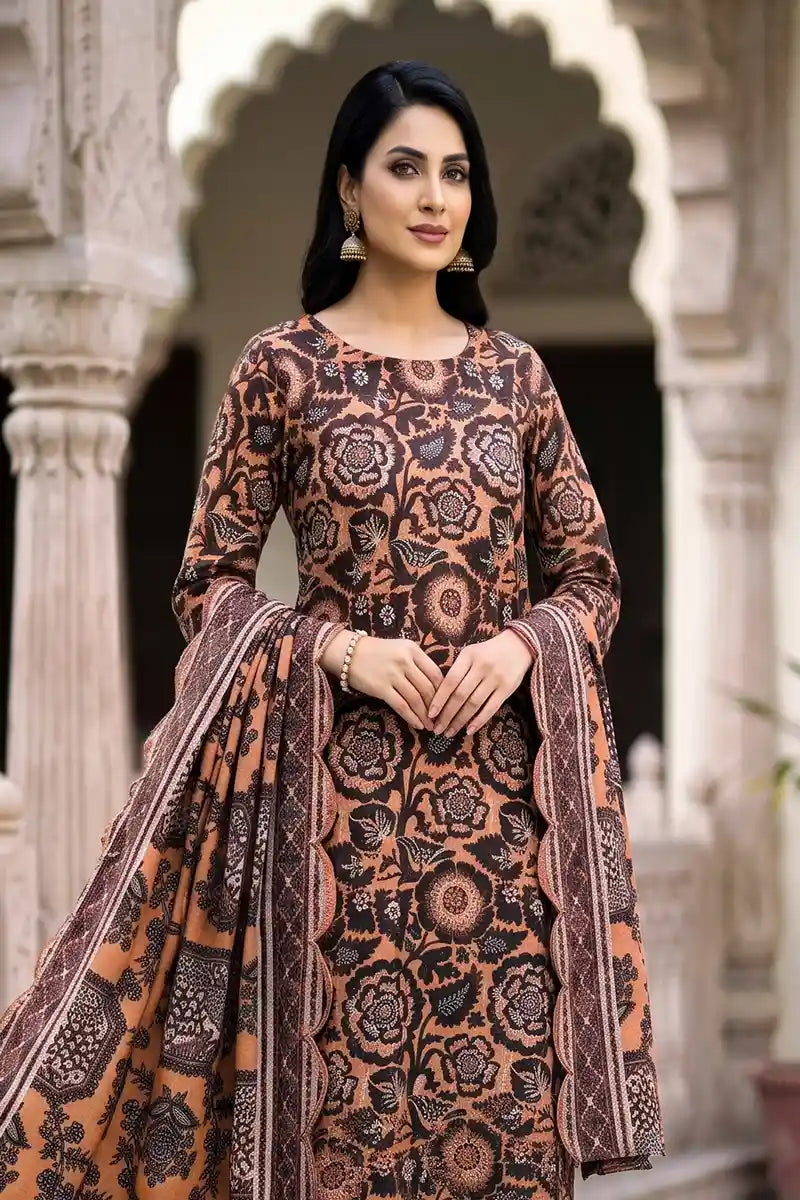 Zesh - 3PC Unstitched Embroidered Lawn Suit (Warm Apricot & Dark Chocolate Brown)