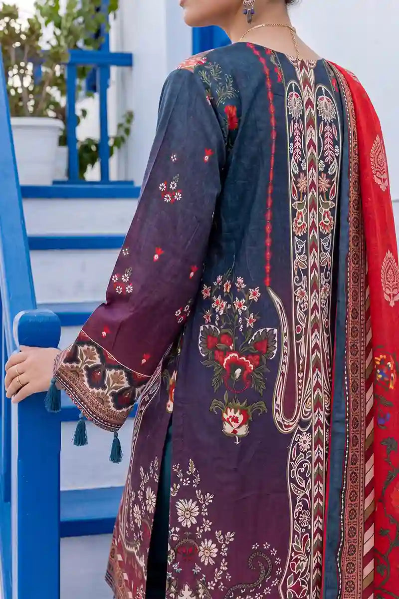 Aabruh Vol-1 3PC Unstitched Printed Lawn Suit (Deep Aubergine & Crimson)
