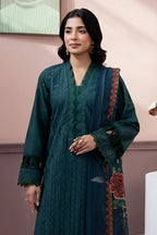 Gul-e-Seher By Johra - 3PC Unstitched Chikankari Lawn Suit (Deep Emerald)