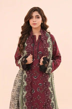 Zesh - 3PC Unstitched Embroidered Lawn Suit (Deep Maroon)