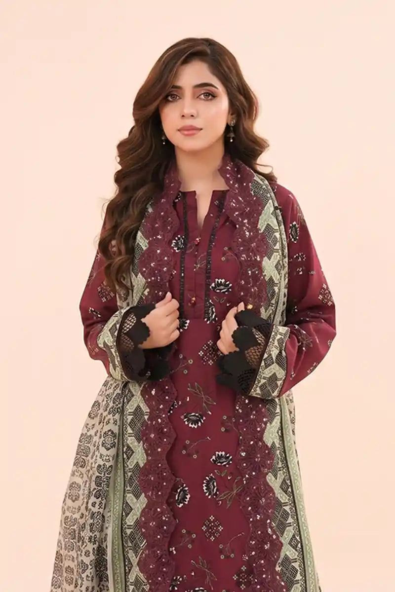 Zesh - 3PC Unstitched Embroidered Lawn Suit (Deep Maroon)