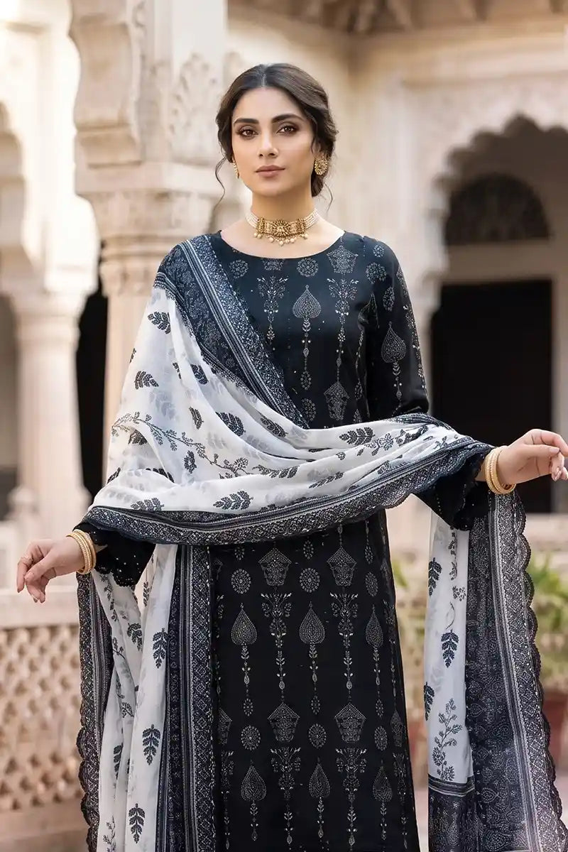 Zesh - 3PC Unstitched Embroidered Lawn Suit (Jet Black & Soft White)