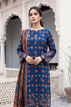 Zesh - 3PC Unstitched Embroidered Lawn Suit (Royal Navy Blue & Rust Orange)