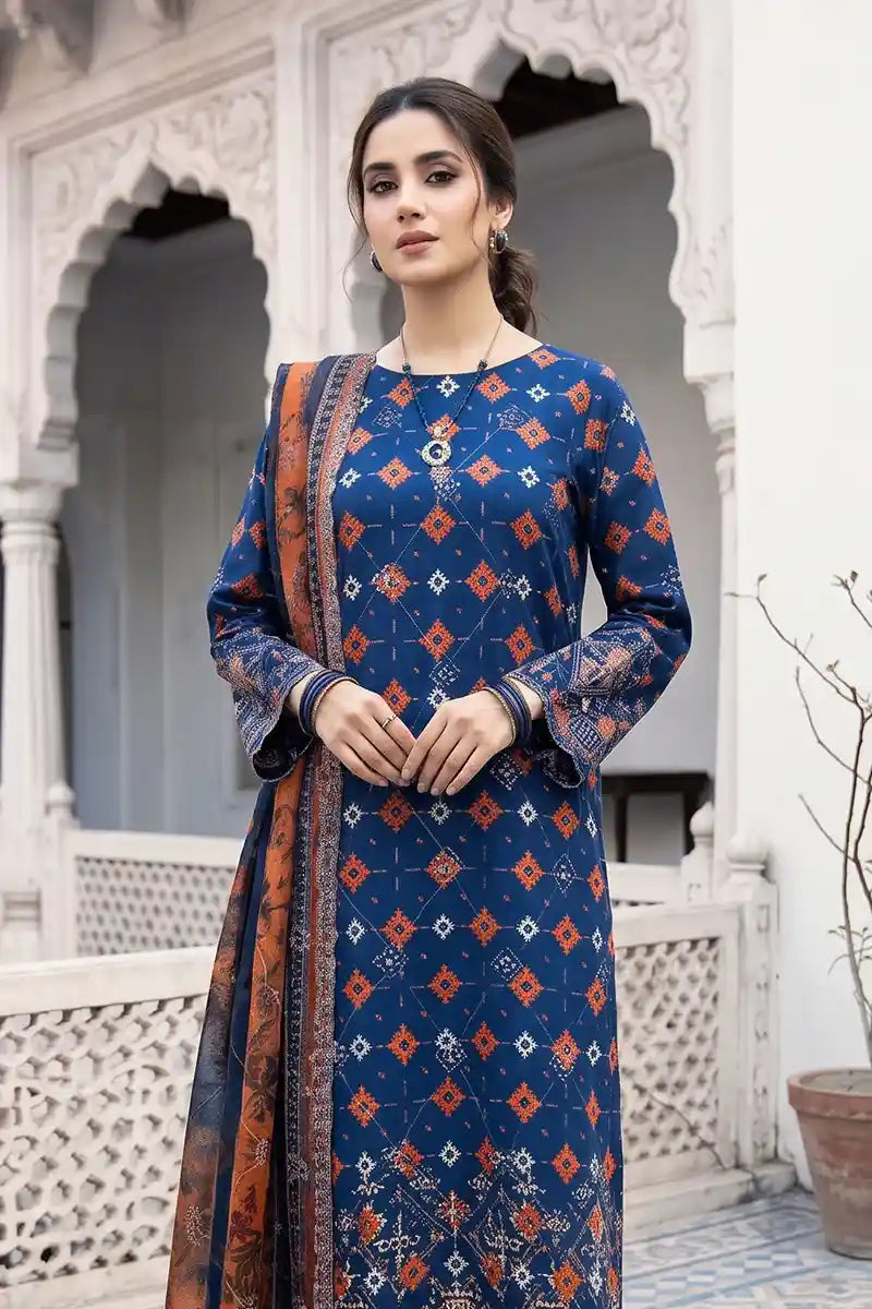 Zesh - 3PC Unstitched Embroidered Lawn Suit (Royal Navy Blue & Rust Orange)