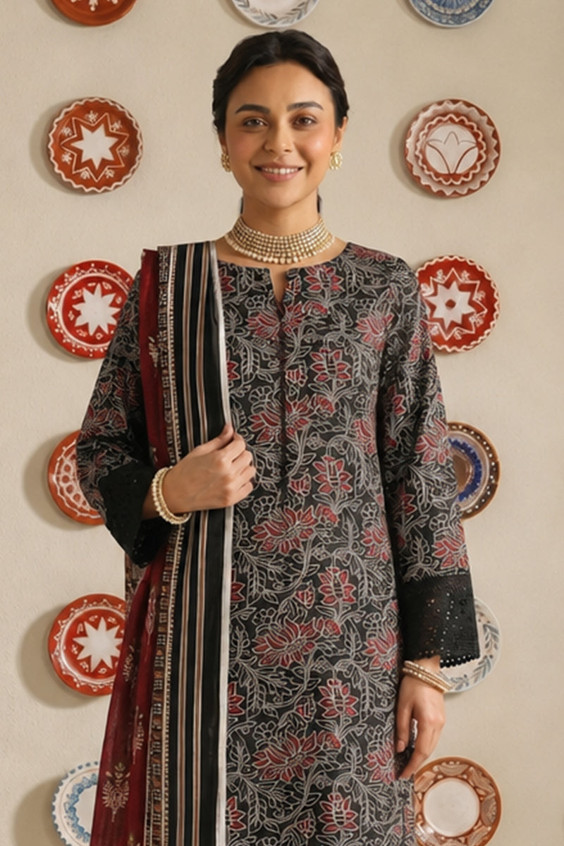 Nishat - Unstitched 3pc Printed Lawn (Black & Maroon)