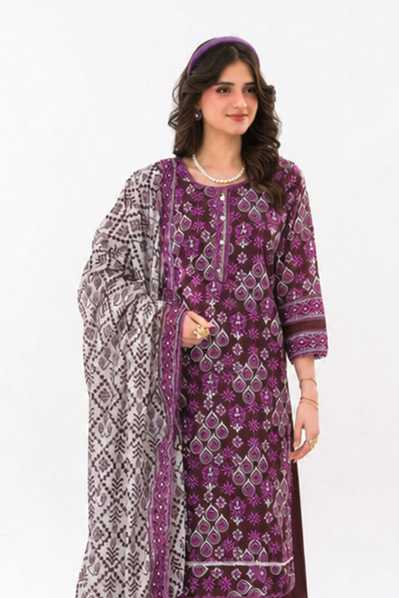 Zesh - Drop Fourteen Printed Series 3PC Unstitched Lawn Suit (Purple/White & Maroon)