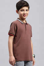 Boy's Textured Cotton Polo T-Shirt (Cocoa Brown)