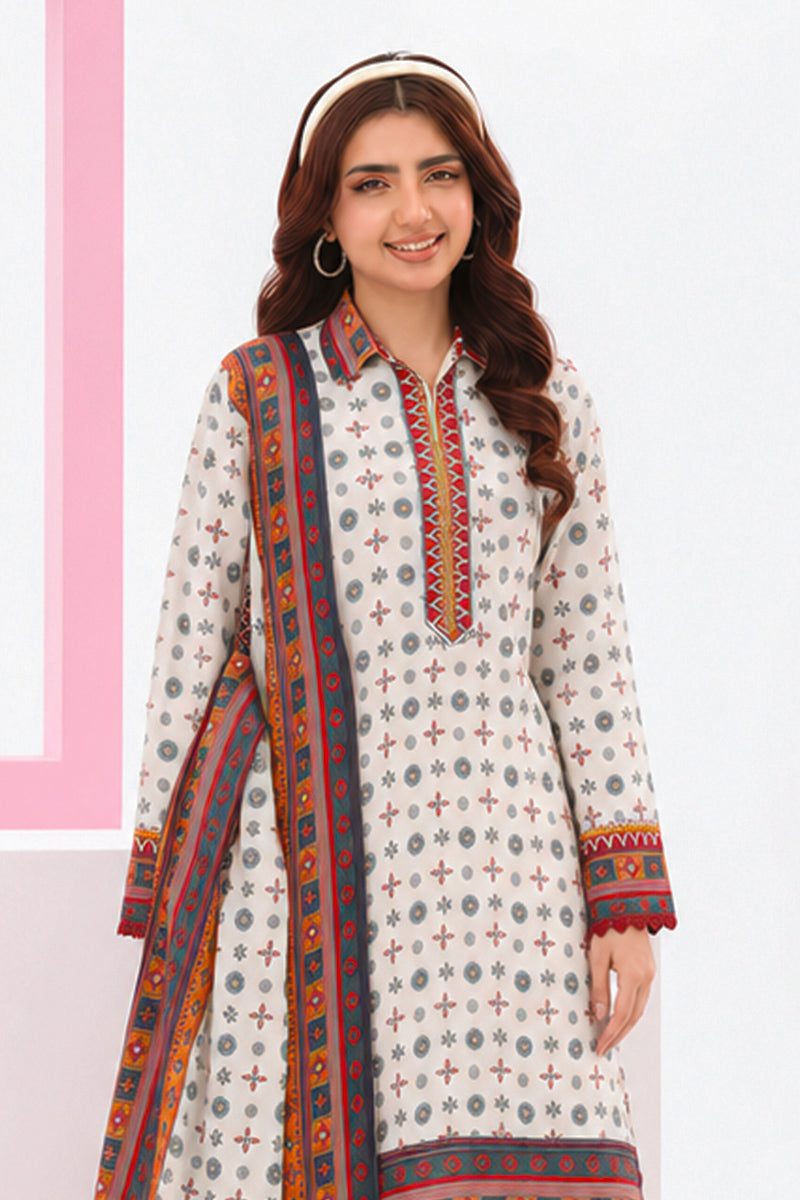 Zesh - Drop Fourteen Printed Series 3PC Unstitched Lawn Suit (Off-White)