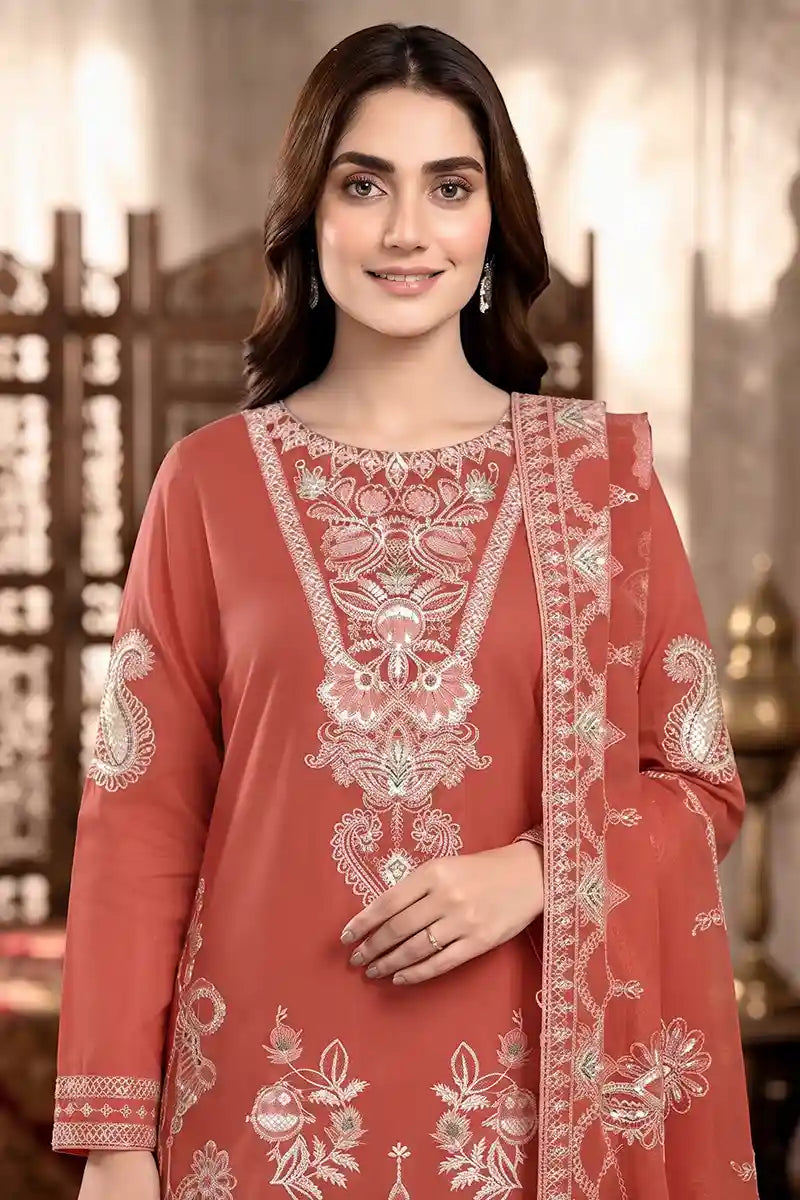 Shah Jaha by Breeza Fashion - 3PC Unstitched Embroidered Lawn Suit (Terracotta Pink)