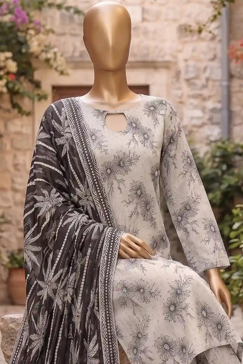 Agha Noor Printed Collection by KBC Fashion - 3PC Unstitched Suit (Light Ash Grey)