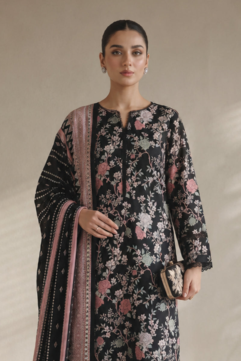 Khaadi – 3 Piece Unstiched Premium Printed Lawn Suit (Black & Dusty Pink Floral)