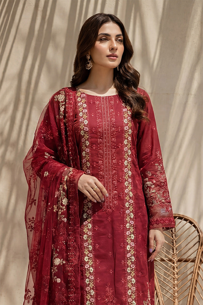 Millat - 3PC Unstitched Embroidered Lawn Suit (Deep Crimson)