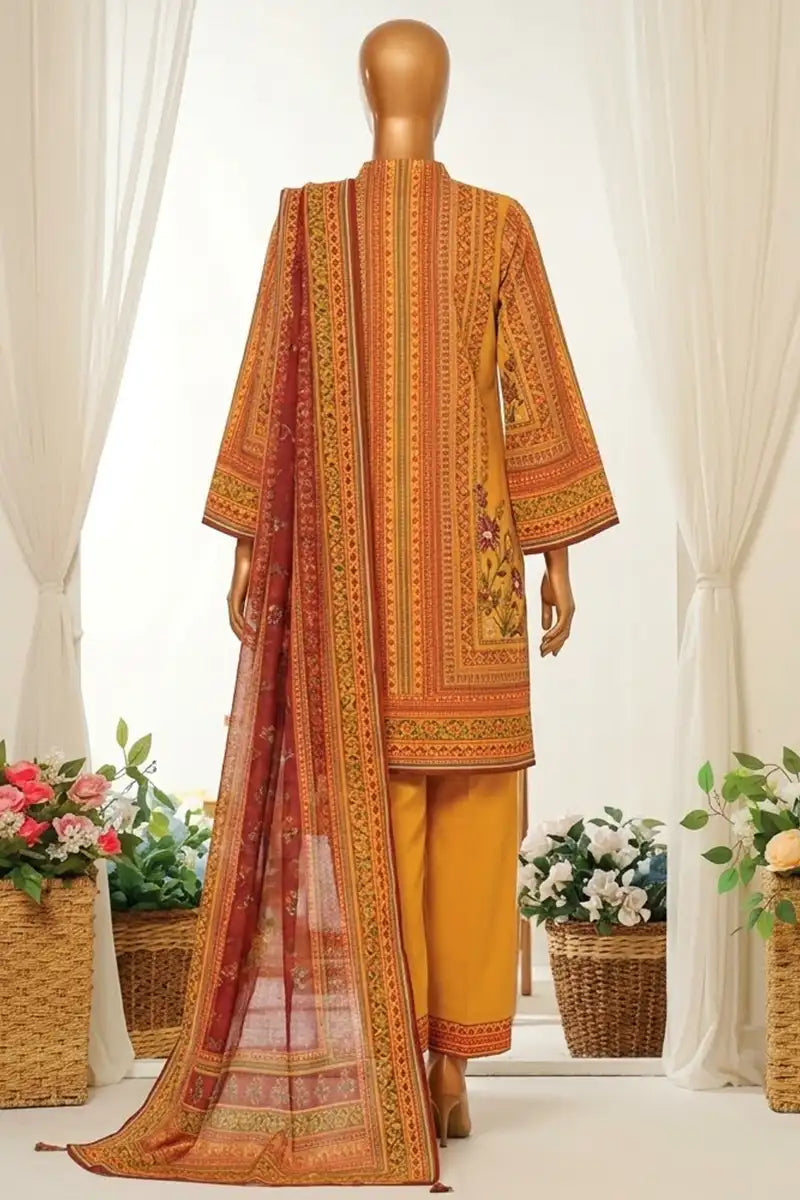 MTJ Unstitched 3-Piece Lawn Collection (Ocher Yellow)