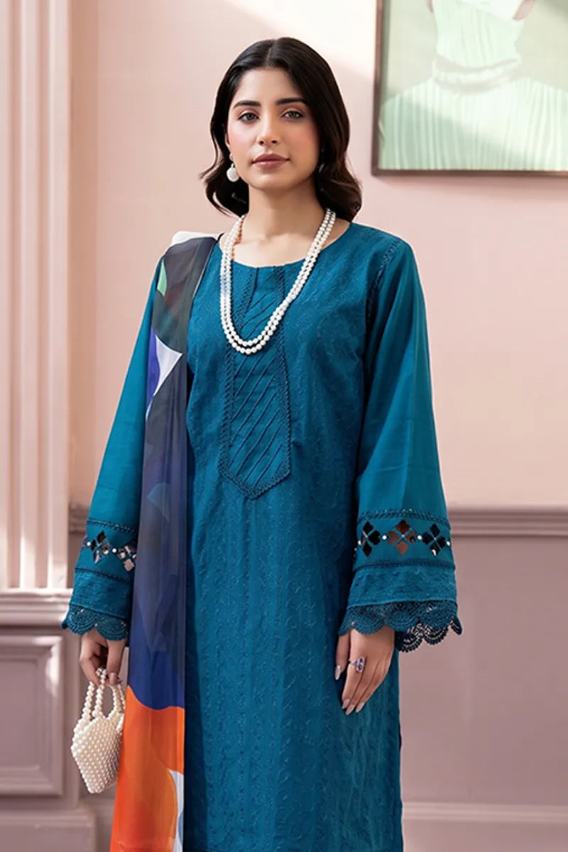 Gul-e-Seher By Johra - 3PC Unstitched Chikankari Lawn Suit (Deep Teal Blue)
