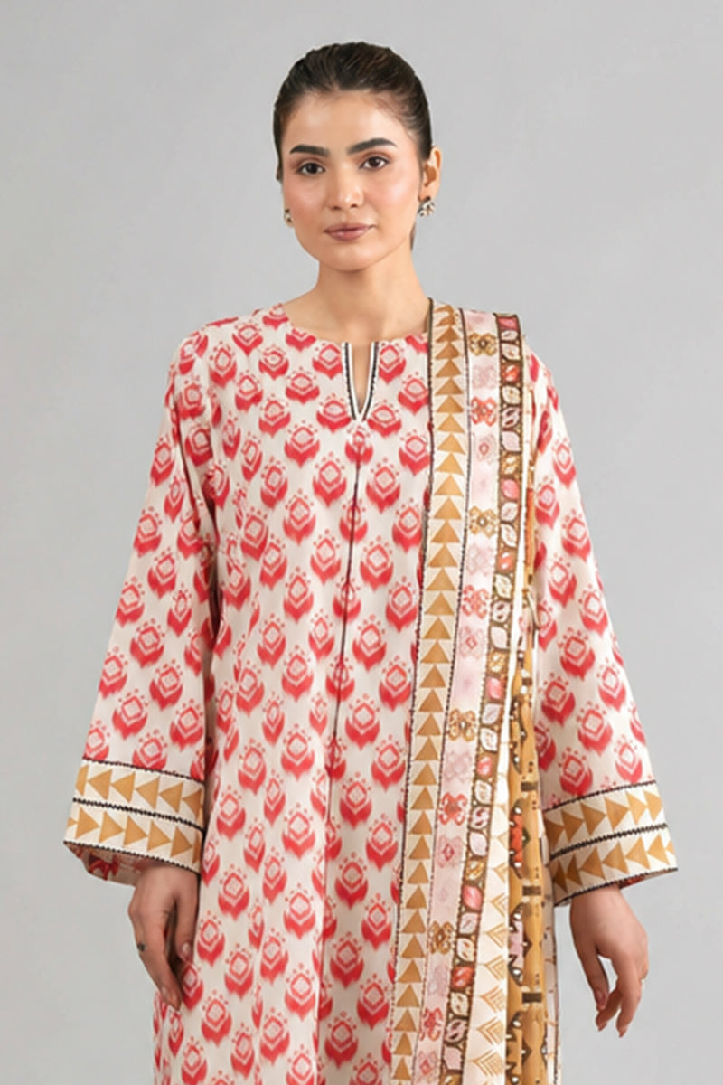 Nishat (Vol.4) - 3pc Unstitched Digital Embroidered Printed Lawn (Cream & Crimson Red & Ochre brown)