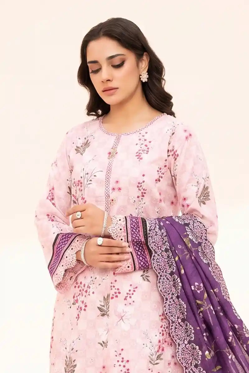 Zesh - 3PC Unstitched Embroidered Lawn Suit (Pastel Blush Pink)