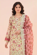 Zesh - 3PC Unstitched Embroidered Lawn Suit (Pale Pistachio & Olive Brown)