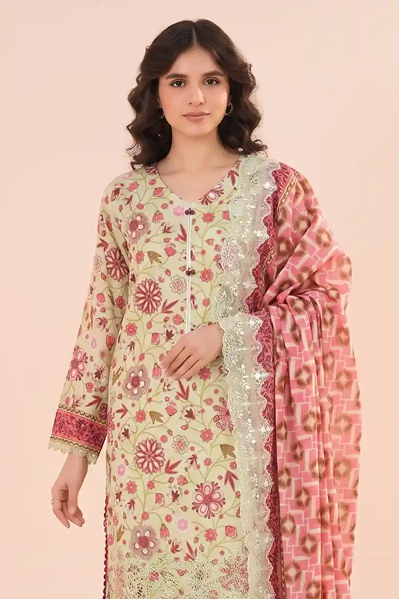 Zesh - 3PC Unstitched Embroidered Lawn Suit (Pale Pistachio & Olive Brown)