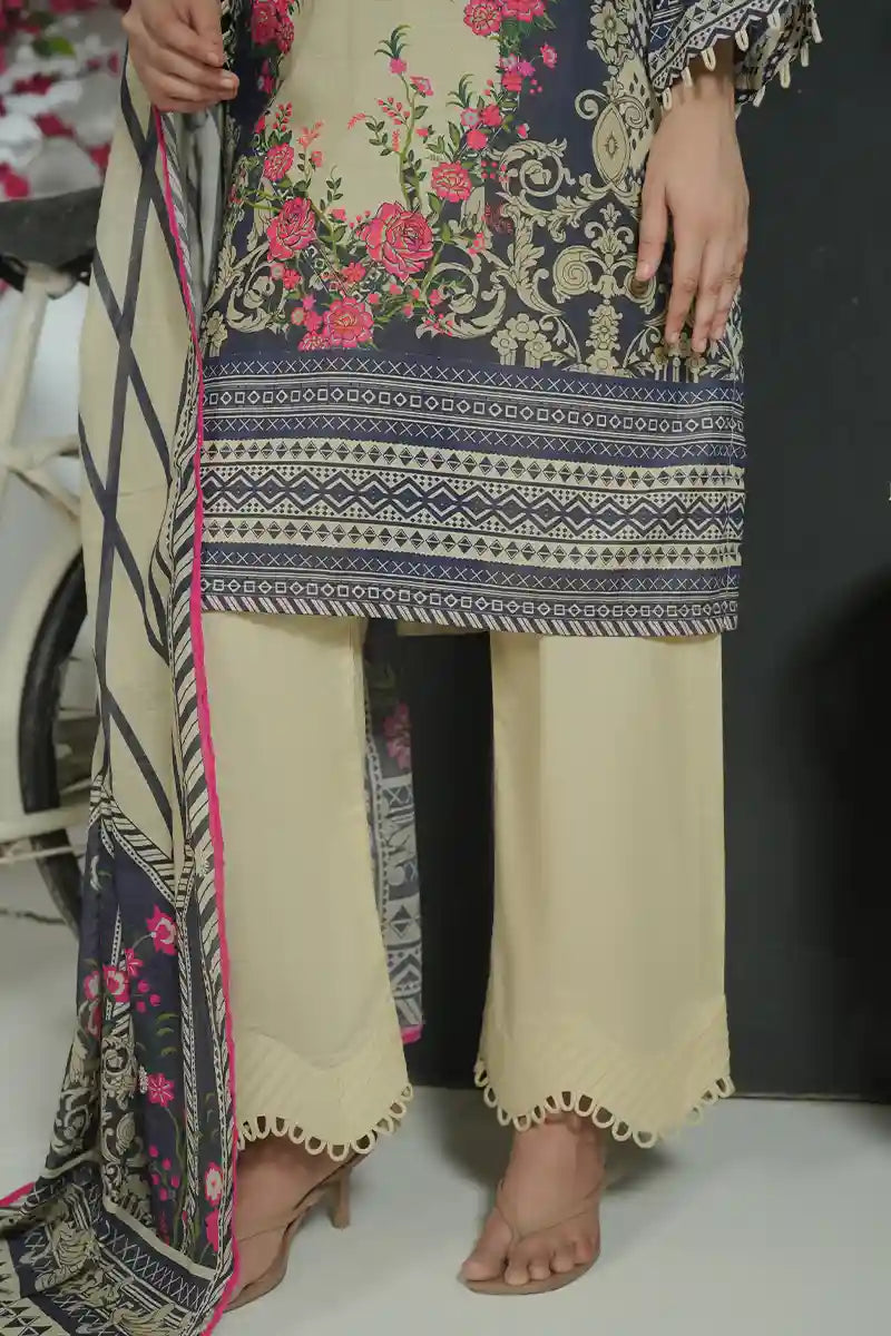 Mehrun by KBC Fashion Unstitched 3-Piece Lawn Collection (Charcoal Blue & Light Beige)