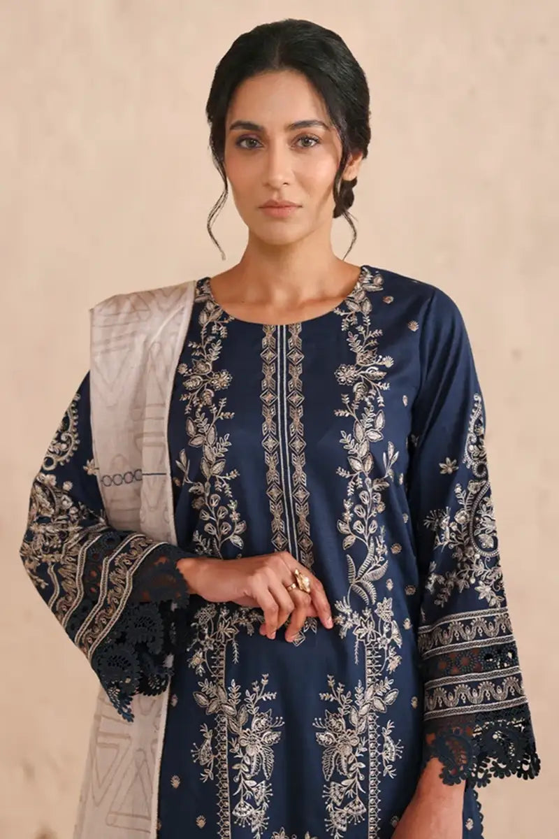 Vasal By Johra - 3PC Unstitched Embroidered Lawn Suit (Navy Blue)