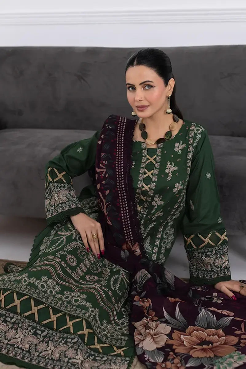 Muswa By Johra - 3PC Unstitched Embroidered Lawn Suit (Deep Forest Green)