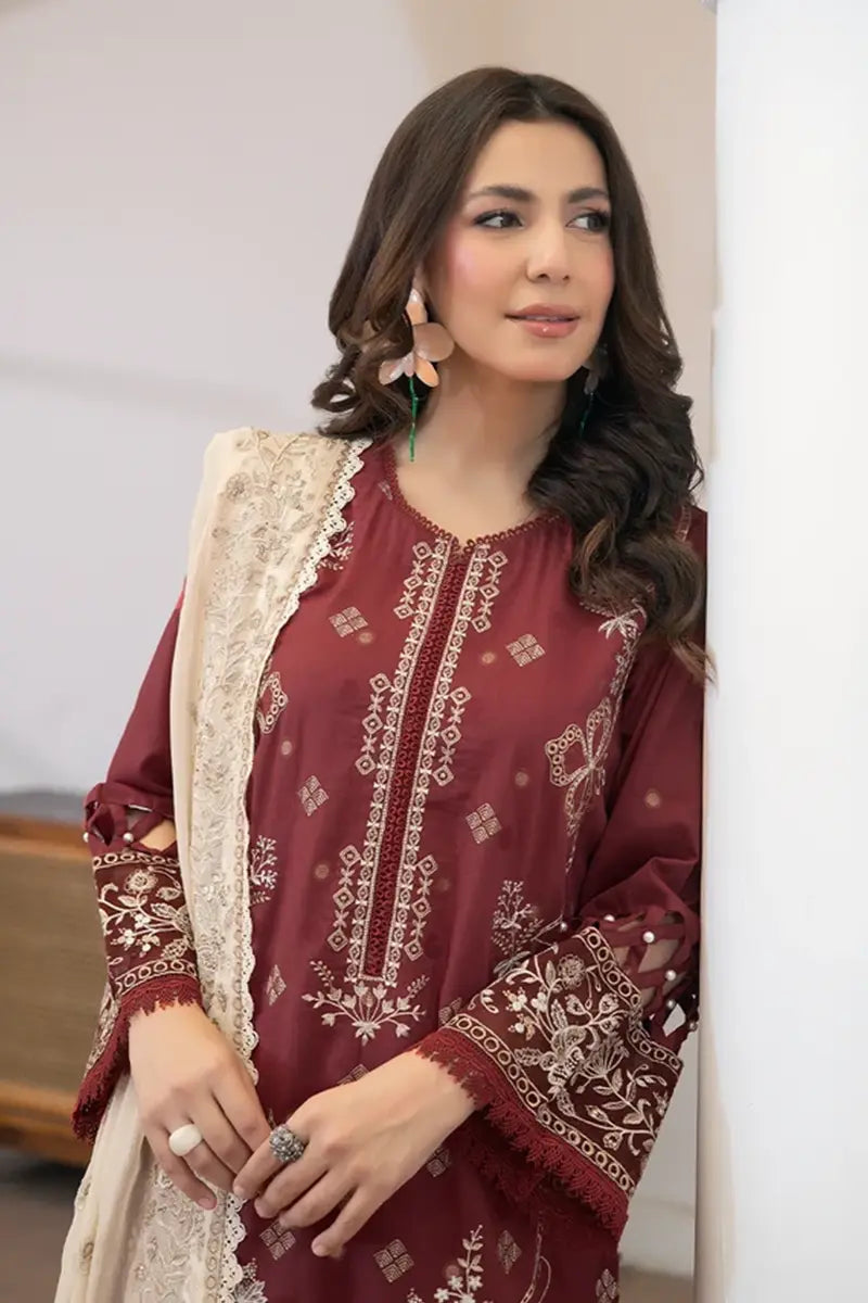 Aqua By Johra - 3PC Unstitched Embroidered Lawn Suit (Deep Maroon)