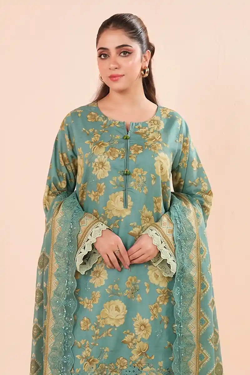 Zesh - 3PC Unstitched Embroidered Lawn Suit (Seafoam Teal & Muted Gold floral)