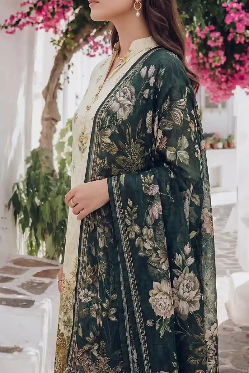 Aabruh Vol-1 3PC Unstitched Printed Lawn Suit (Soft Cream & Dark Pine)