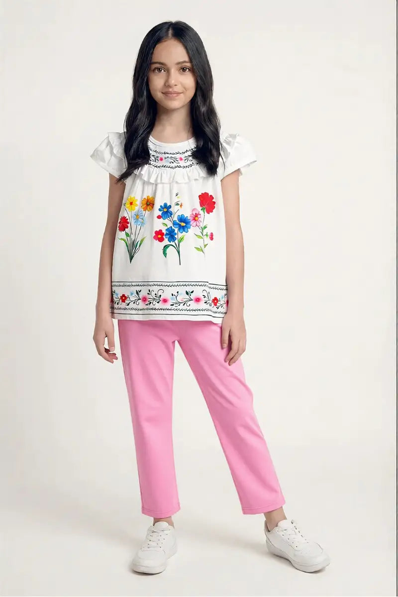 Girls Floral Embroidered Top & Trouser 2-Piece Set
