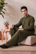 Saya Men’s Wash & Wear Unstitched Suit (Olive Green)