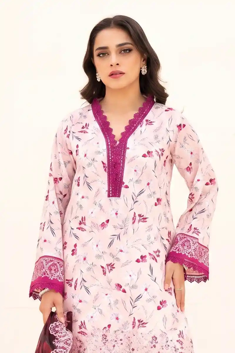 Zesh - 3PC Unstitched Embroidered Lawn Suit (Light Rose & Deep Plum)