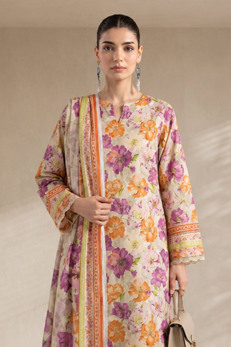 Khaadi (Vol.4) – 3 Piece Unstitched Printed Lawn Suit (Cream & Purple/Orange Floral)
