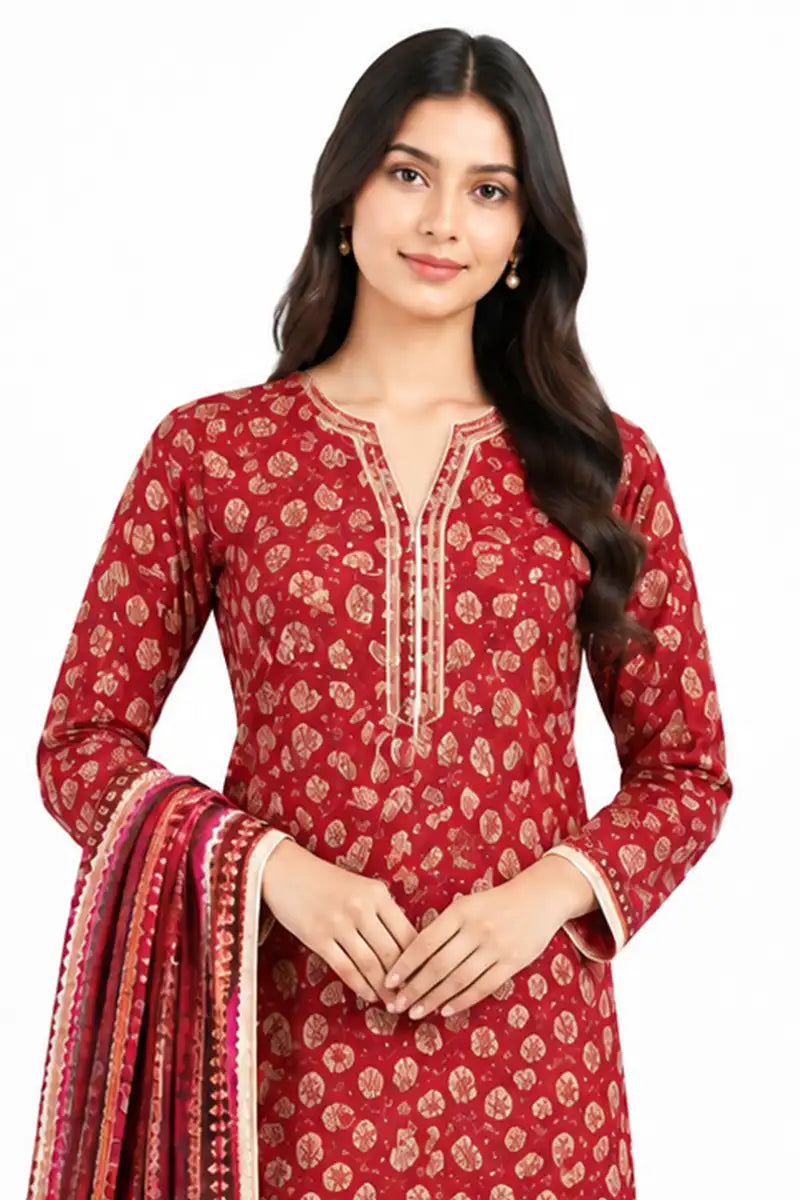 Khaadi 3-Piece Unstitched Printed Lawn Suit (Crimson Red)