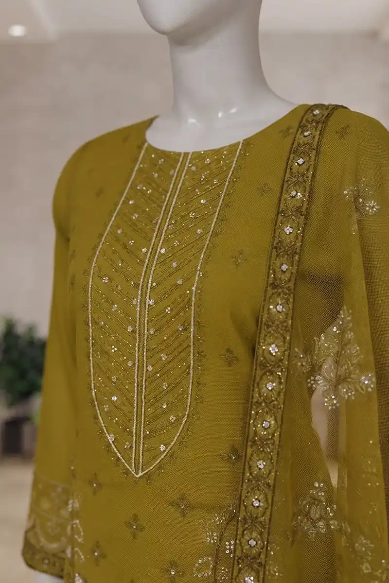 Pariyon Ki Rani by Breeza Fashion - 3PC Unstitched Embroidered Lawn Suit (Mustard Green)