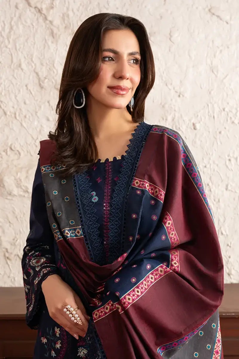Poshak By Johra - 3 Piece Unstitched Embroidered Lawn Suit (Deep Navy Blue)