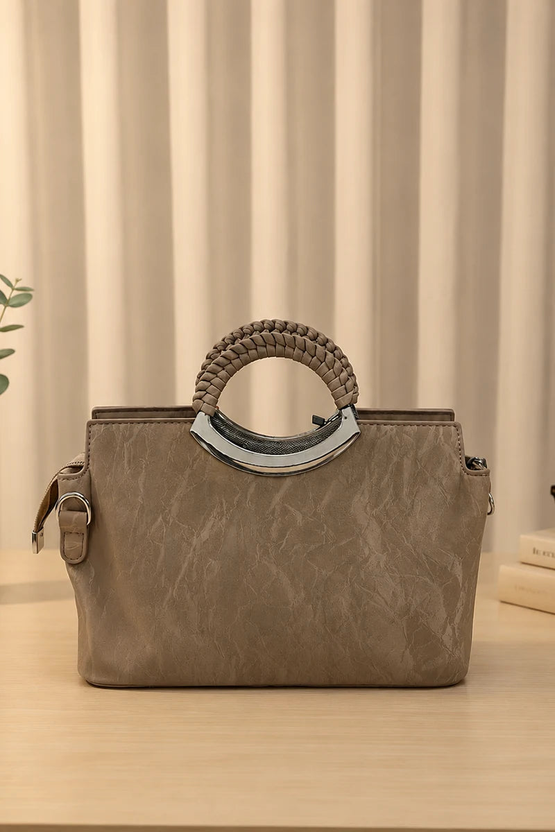 Top Handle Faux Leather Satchel Bag For Women (Warm Taupe)