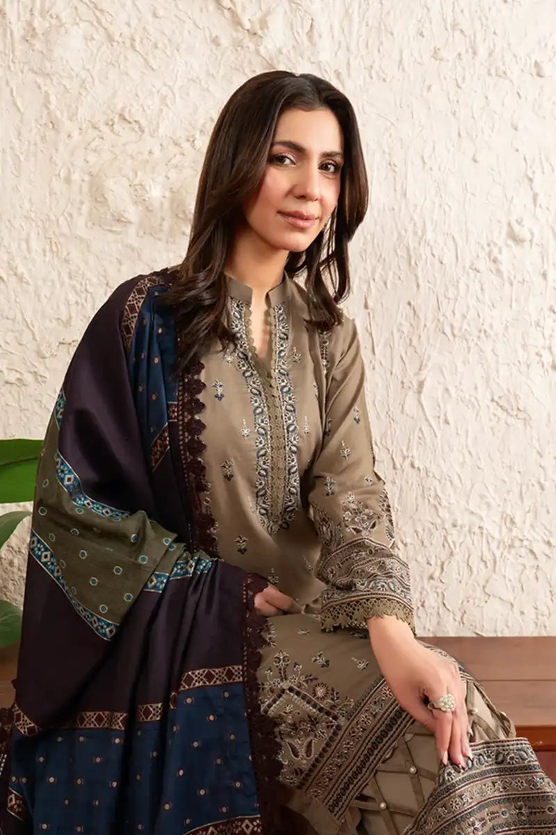 Poshak By Johra - 3 Piece Unstitched Embroidered Lawn Suit (Brown)