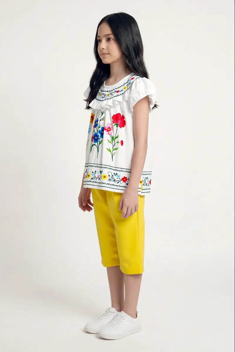 Girls Floral Embroidered Top & Trouser 2-Piece Set