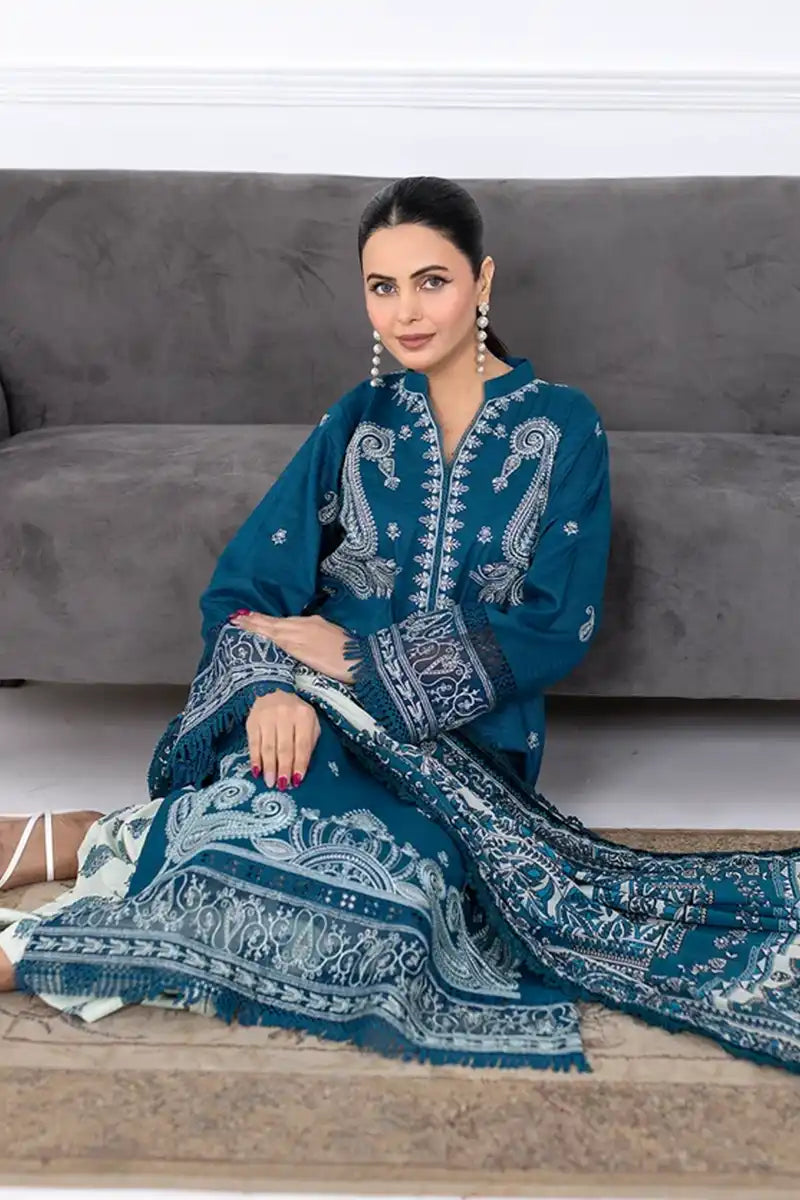 Muswa By Johra - 3PC Unstitched Embroidered Lawn Suit (Deep Teal Blue)