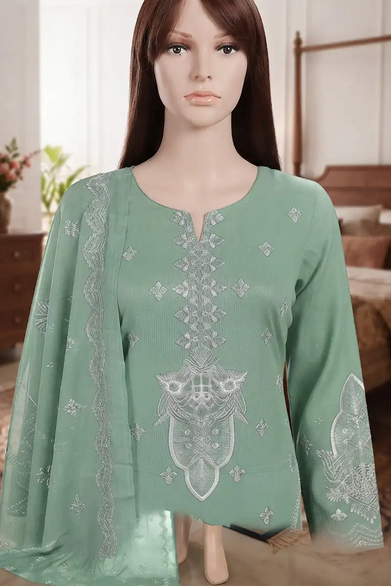 Arooj by Breeza Fashion - 3PC Unstitched Embroidered Lawn Suit (Sage Green)