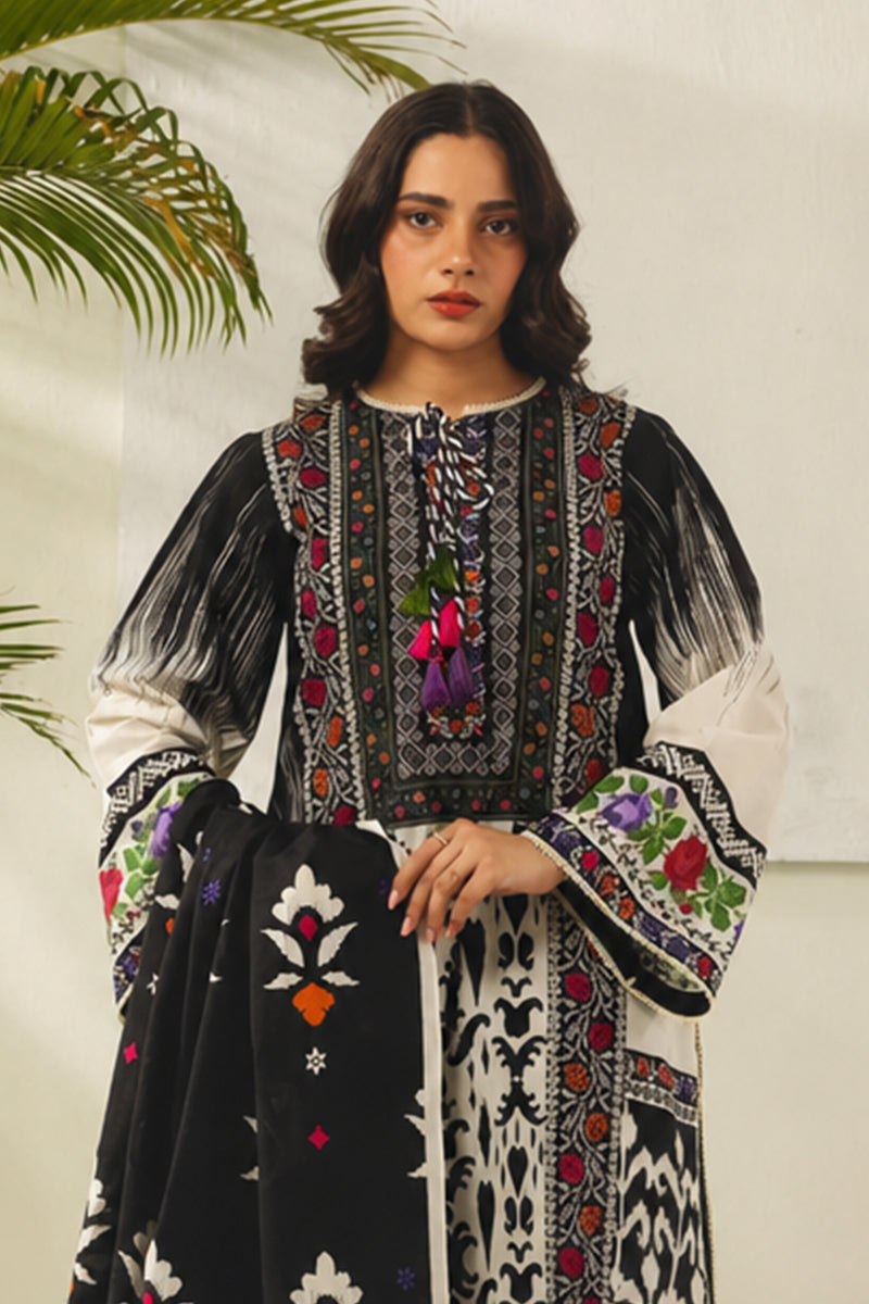Khaadi – 3 Piece Unstiched Printed Lawn Suit (Black & Bone Gray)