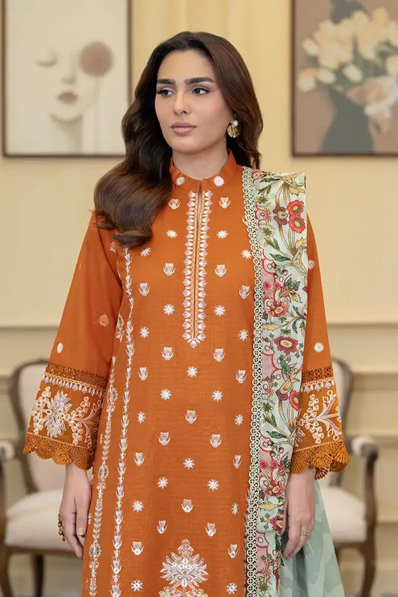 Elvia By Johra - 3PC Unstitched Embroidered Lawn Suit (Rust Orange)