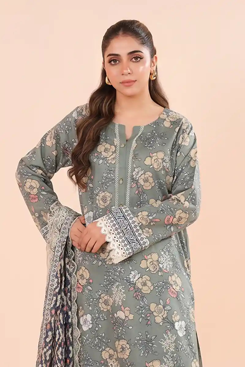 Zesh - 3PC Unstitched Embroidered Lawn Suit (Moss Green)