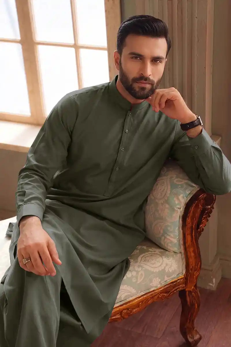 Premium Pasha Men’s Wash & Wear Unstitched Suit (Sage Green)