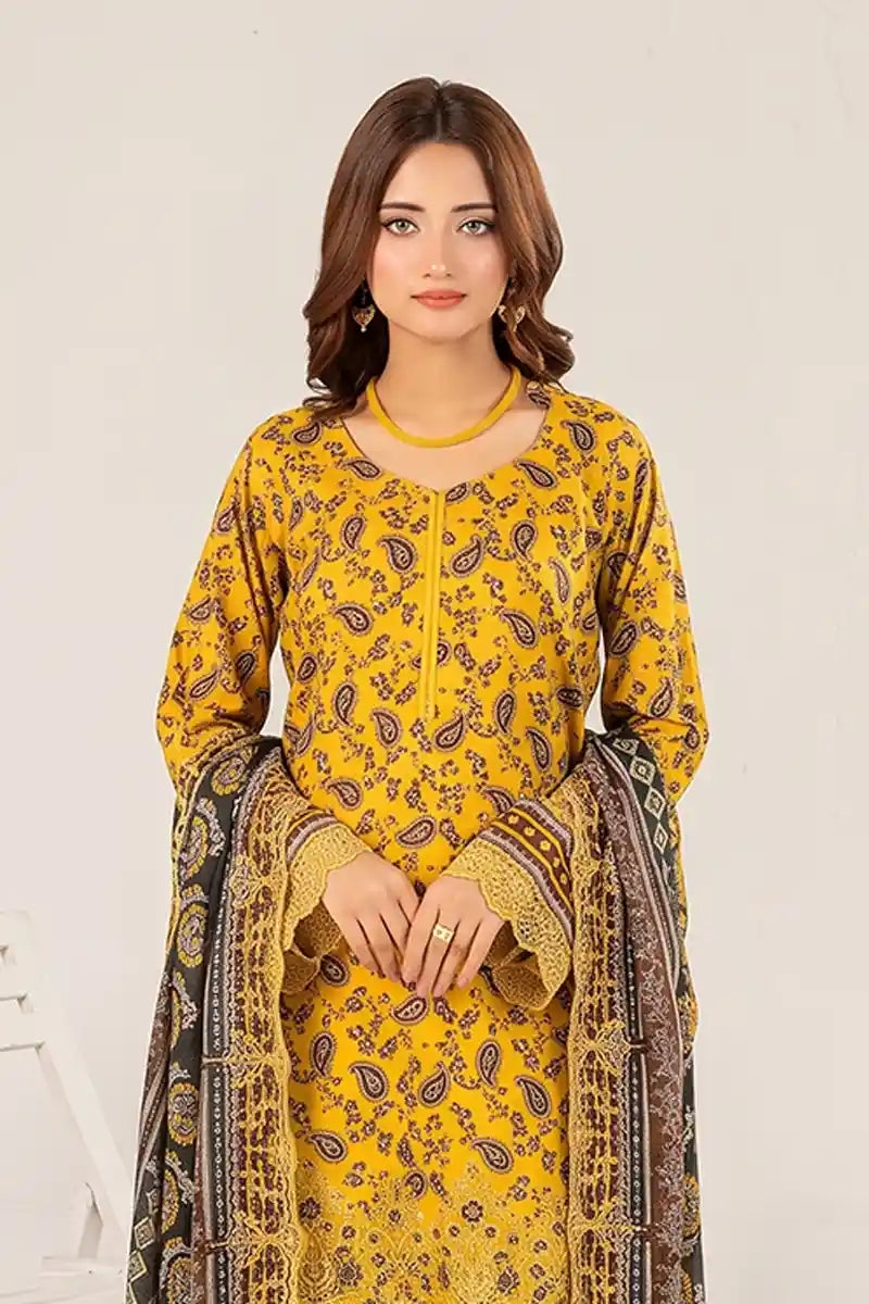 Zesh - 3PC Unstitched Embroidered Lawn Suit (Golden Yellow & Charcoal)