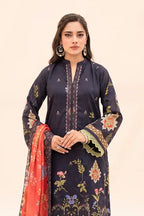 Zesh - 3PC Unstitched Embroidered Lawn Suit (Midnight Navy & Coral Orange)