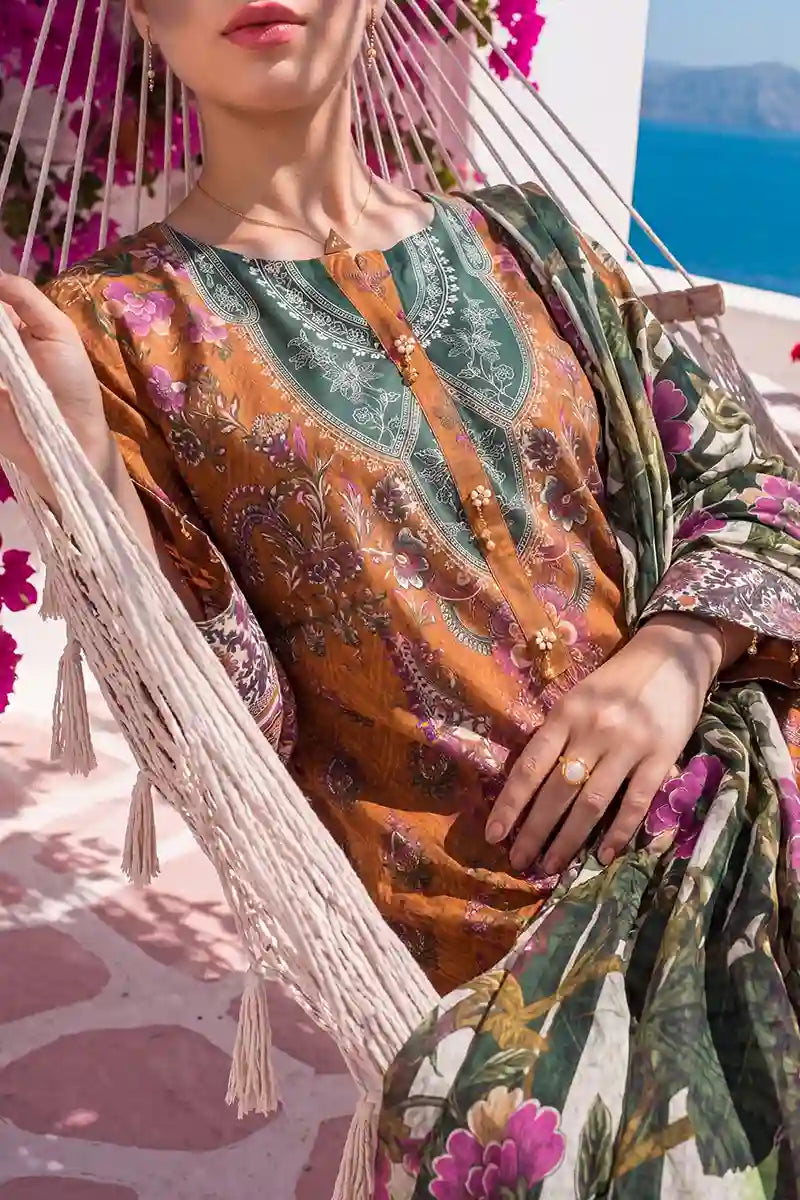 Aabruh Vol-1 3PC Unstitched Printed Lawn Suit (Ochre & Olive Green)