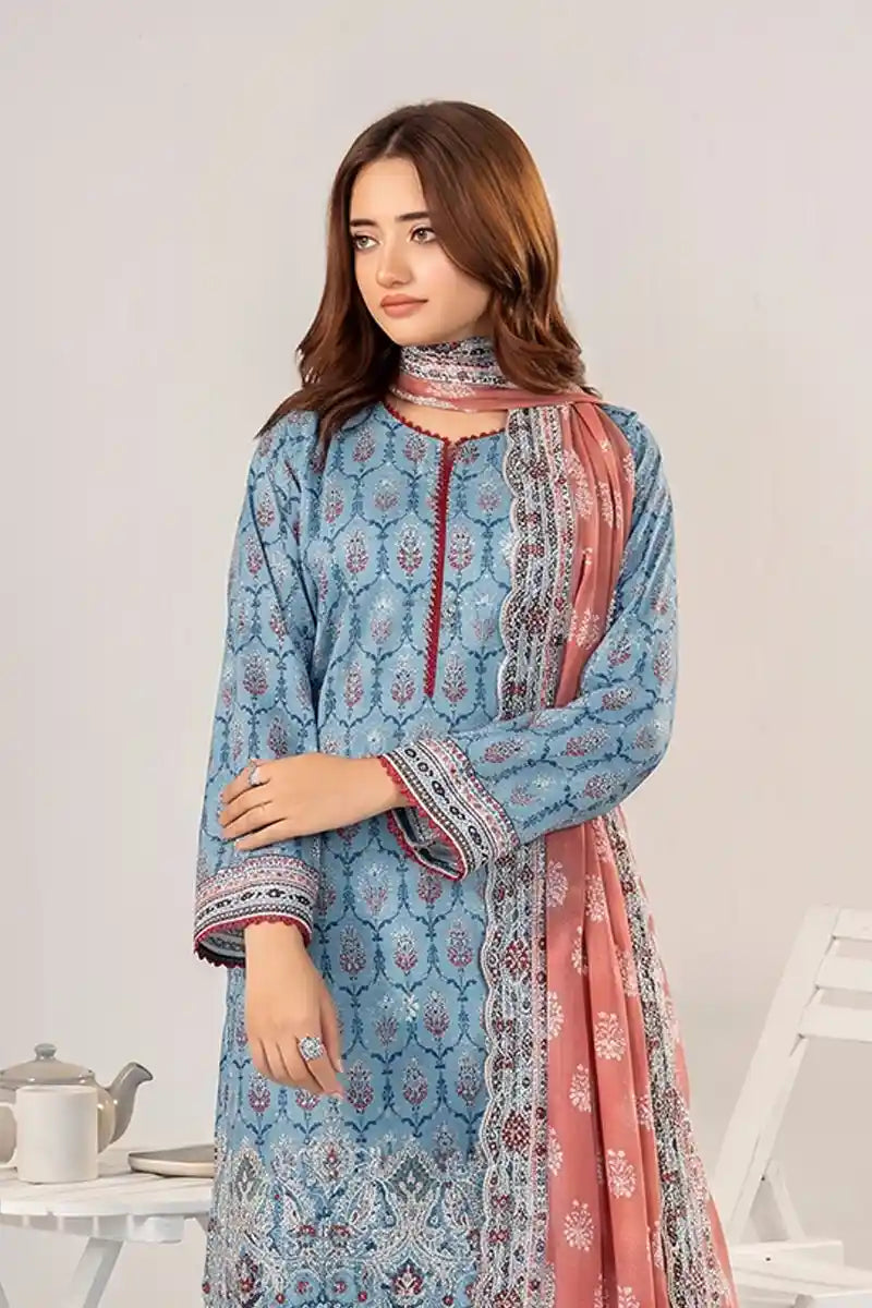 Zesh - 3PC Unstitched Embroidered Lawn Suit (Dusty Slate Blue & Dusty Rose)