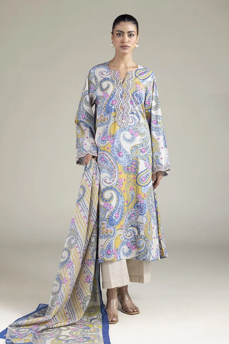 Khaadi – 3 Piece Unstitched Premium Embroidered Digital Printed Lawn Suit (Periwinkle & Royal Blue,Mustard & Cream White))
