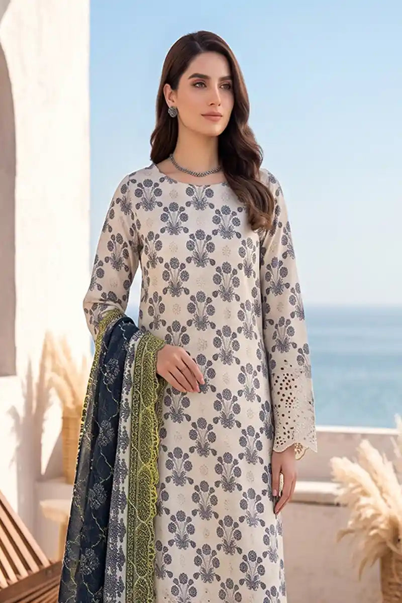 Zesh - 3PC Unstitched Embroidered Lawn Suit (Off-White)